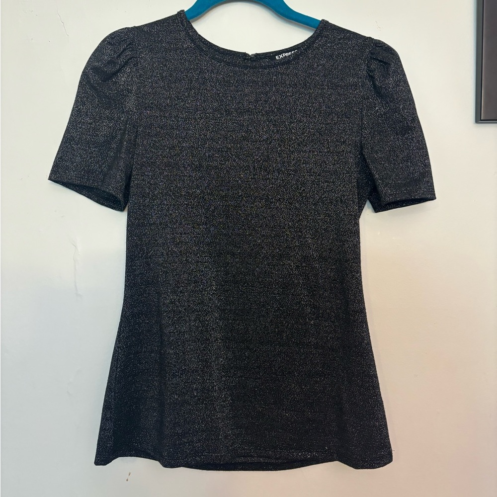 Express Puff Sleeve Black and Silver Metallic Short Sleeve Shirt